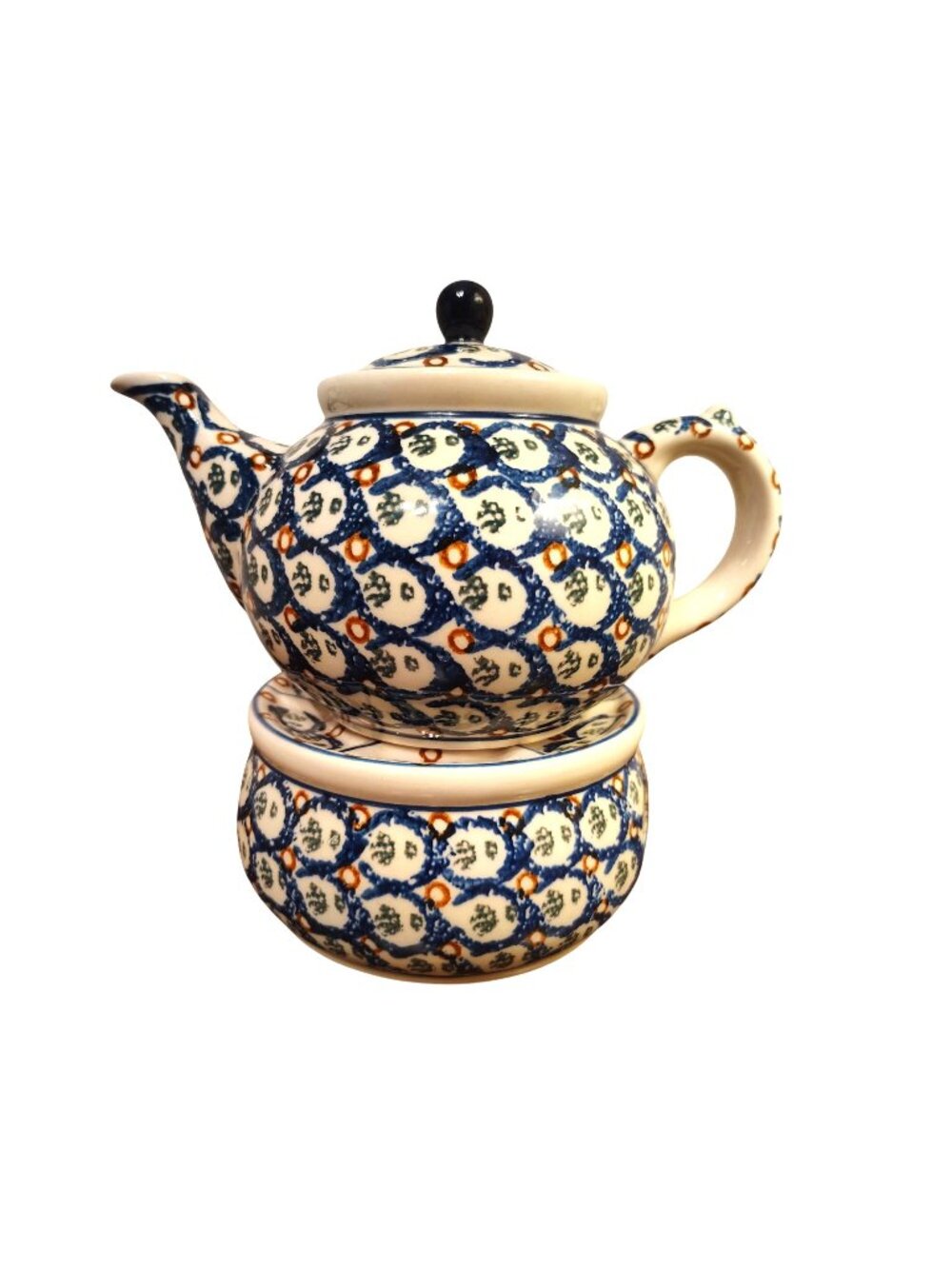 Boleslawiec Polish Pottery Lidded Tea Pot with Warmer Poland Ceramic Green Blue